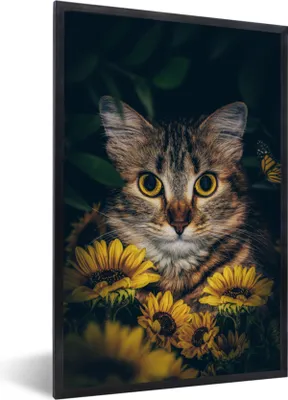 Produktbild von MuchoWow® Gerahmtes Poster Katze - Gelb - Blumen - Botanisch 60x90 cm - Poster mit Schwarzem Bilderrahmen Wandposter Rahmen Foto Bilder - Kunst