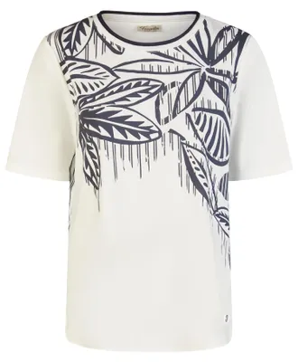 Produktbild von Damen T-Shirt kurzarm Baumwolle Elasthan offwhite mit Blattprint und Streifen