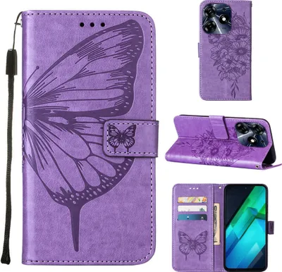 Produktbild von Lederhülle für Tecno Spark 10 Pro Schmetterling Prägung Flip Ledertasche Kartenfächer Handyhülle mit Ständer Violett