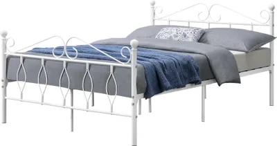 Produktbild von Kovová posteľ 140x200 cm Manželská posteľ s čelom a nohami Posteľný rošt Kovový rám postele pre hostí s lamelovým roštom do 300 kg Biela [en.casa]