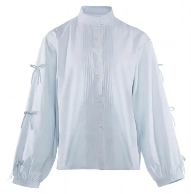 Produktbild von Damen Bluse blau mit Stehkragen, langen Bischofsärmeln, Falten und Schleifen