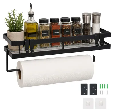 Produktbild von Relaxdays Gewürzregal Wand, ohne Bohren, 30 cm Rollenhalter, 4 Haken, Organizer für Küche & Bad, Metallregal, schwarz