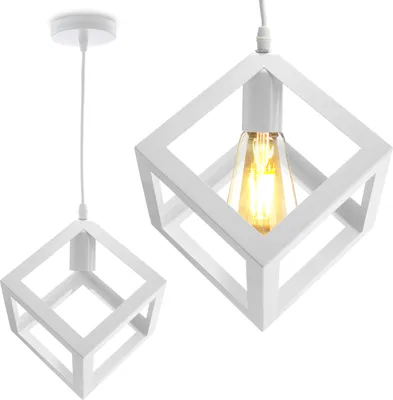 A white cube-shaped pendant light with a visible light bulb.