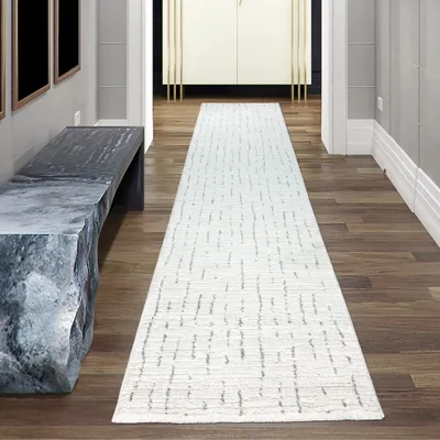 Produktbild von Wohnzimmerteppich Schlafzimmer Teppich Strich Muster weich creme mit grauen Streifen Größe - 80 x 300 cm