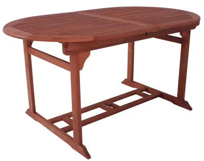 An oval wooden dining table with a slatted top and a slatted base structure.