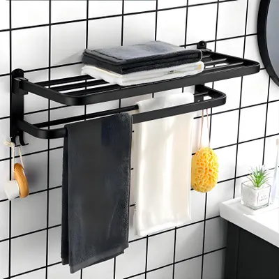 Image de Porte-serviettes avec étagère - Support mural pour salle de bain