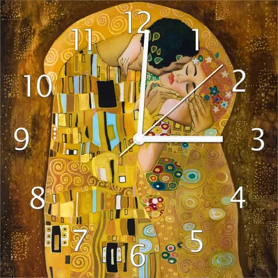 Produktbild von Wallario Design Wanduhr Der Kuss von Klimt aus Echtglas, Größe 30 x 30 cm