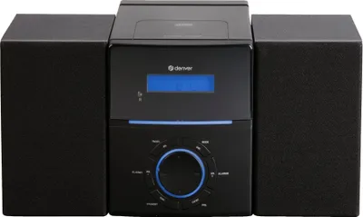A black Denver MCA-240 compact micro system with two speakers is shown against a white background.