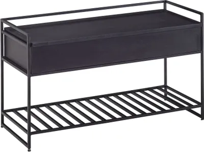 Produktbild von Sitzbank mit Stauraum 90x52x38 cm Mango Massivholz / Metall Flurbank Schwarz | Schuhbank mit Sitzfläche Klein | Schmale Garderobenbank mit Schuhregal