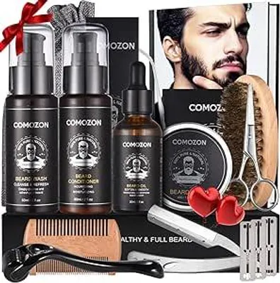 Produktbild von Bartpflege Set Komplett: Roller + Shampoo + Öl + Rasierer | 100% Natur | Perfekte Geschenkidee für Männer mit Bart