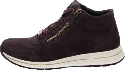 A side view of a brown suede high-top sneaker with a zipper and laces.