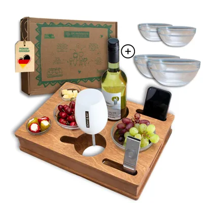 Produktbild von Couchbox mit 4 Glasschalen in Eiche | Couchbar Snackbox für Snacks und Getränke | Snackbar für die Couch | Couch Tablett mit Getränkehalter | Sofabar
