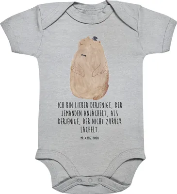 Produktbild von Mr. & Mrs. Panda Strampler Baby Murmeltier 12. - 18. Monat - Heather Grey - Geschenk, Fröhlichkeit, Respekt, body kurzarm, Lustige Sprüche, Anstand, overall, babykleidung