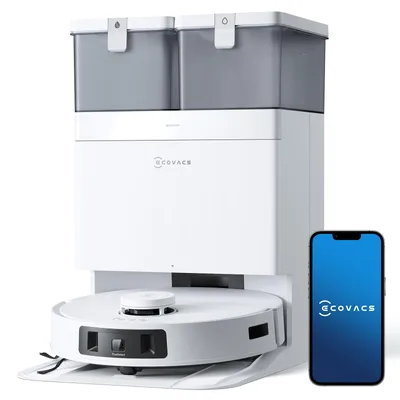 A white robot vacuum cleaner with a charging and cleaning station, and a smartphone displaying the brand's logo.
