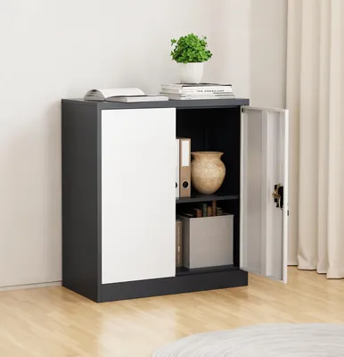 Produktbild von VCM Metall Büroschrank H. 90 x B. 80 x T. 40 cm / Aktenschrank Büromöbel für Ordner / Stahlschrank abschließbar / Flügeltürschrank  Malivo 2 fach mit Drehtüren