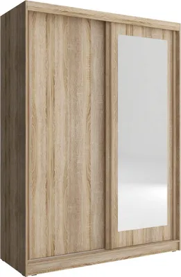 Produktbild von Furniture24 Schwebetürenschrank ALASKA 150, Kleiderschrank, Schrank, Schiebetür, Schlafzimmerschrank mit Kleiderstange, Einlegeboden und Spiegel Sonoma Eiche, 150 cm breit
