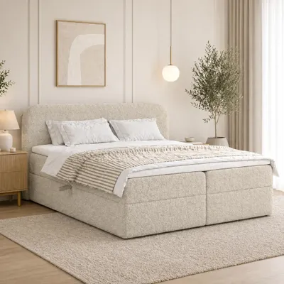 Produktbild von QLA Boxspringbett MALAGA 200x200 cm mit 2 Bettkästen, 7-Zonen-Taschenfederkern, Topper, Bouclé Beige