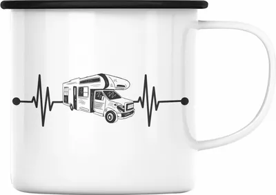 Produktbild von Trendation - Herzschlag Wohnwagen Wohnmobil Emaille Tasse Geschenk Camper Wohnmobilfahrer Geschenkidee Lustig (Schwarz)