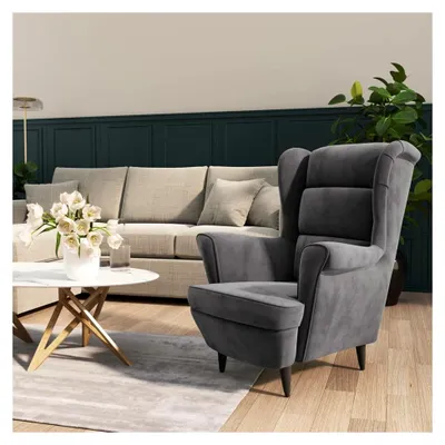 Produktbild von Sessel für das Wohnzimmer, Lesesessel, Stillsessel, Ohrensessel, Fernsehsessel, Hellgrau Samt