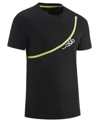 Schwarzes T-Shirt mit gelber Linie und Sportmotiv; Modell "Me Rope" von Edelrid.