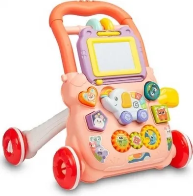 A pink baby walker with various colorful toys and activities attached.