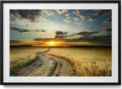 Produktbild von Feldweg und Sonnenuntergang– Wandbild mit Rahmen – Gerahmtes Bild  – Wanddekoration – 100x70 cm –  Schwarz Rahmen