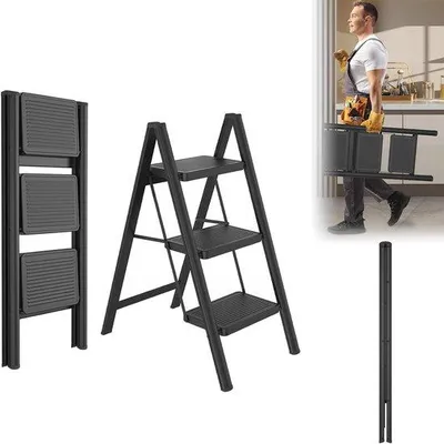 Productafbeelding van Trapladder 3 treden - Vouwladder inklapbaar - Huishoudelijk werk - Met veilige leuning - Belastbaar 270 kg - Zwart