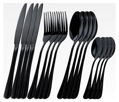 Produktbild von Schwarzes Besteckset 16-teilig aus 18/0 Edelstahl, inklusive Messer, Gabeln, Löffel und Teelöffel, hochglanzpoliert, für 4 Personen, spülmaschinenfest