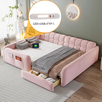Produktbild von Flieks Kinderbett 140x200cm mit USB- und USB-C-Ladeanschlüssen, Polsterbett mit Nachtlicht und Schublade, Bodenbett Doppelbett Samt, Rosa
