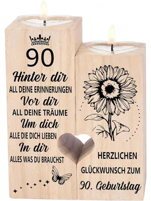 Productafbeelding van Houten kandelaar, decoratie voor een 90e verjaardag, cadeau voor vrouwen, mannen, moeder, oma, 10x4,5x12 cm