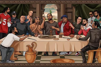 A group of famous rappers are depicted in a scene resembling Leonardo da Vinci's 'The Last Supper'.
