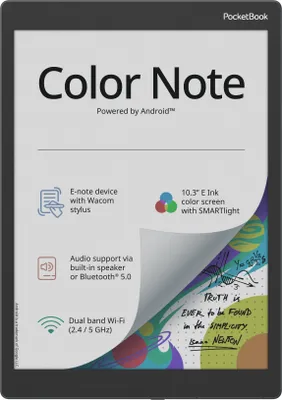 Produktbild von PocketBook Color Note, 26,2 cm (10.3"), E-Tinte Kaleido, 1404 x 1872 Pixel, ACSM, AZW, AZW3, CBR, CBZ, CHM, DOC, DOCX, DjVu, EPUB, EPUB DRM, FB2, FB2.ZIP, HTM, HTML, MOBI,..., MP3, OGG, BMP, JPEG, PNG