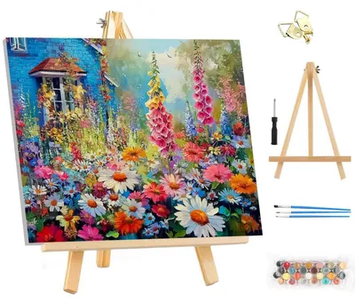 Image de Kit de peinture par numéros pour adultes, avec cadre, motifs floraux, peintures acryliques, 3 pinceaux, dimensions 35x25 cm
