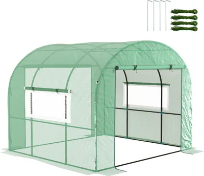 Image de Outsunny Serre de jardin serre tunnel de jardin 6m² PE Haute densité 135 g/m², avec 2 portes zippées enroulables 2 fenêtres en maille, pour toutes saisons, 300 x 300 x 200 cm, vert