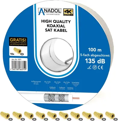 Zdjęcie produktu dla Przeciwpożarowy kabel koncentryczny Anadol 135dB, zwój 100 m, 7 mm, 5-krotnie ekranowany, norma EN 50575, klasa ochrony przeciwpożarowej Eca, w tym 10 pozłacanych złączy F
