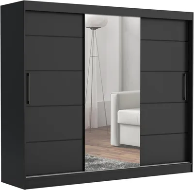 Produktbild von Schwebetürenschrank TOMY, 2-türig Schrank, Schwarz, 235 cm Kleiderschrank mit 4 Schubladen, Spiegel, Kleiderstangen und Regalen