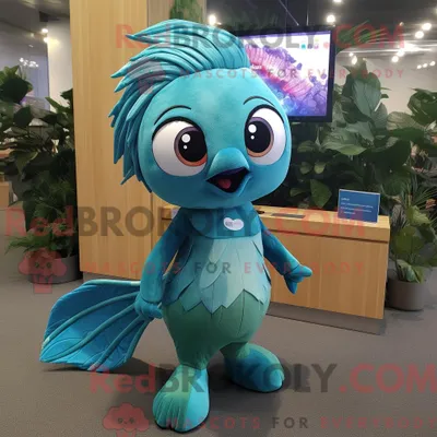 Produktbild von Teal REDBROKOLY Betta Fisch Maskottchen Kostüm Charakter gekleidet mit einer Bluse und Schnürsenkeln