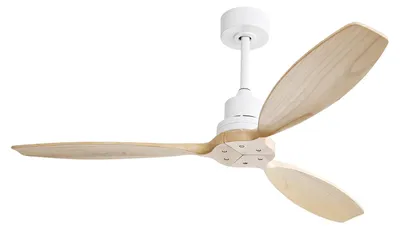 A modern ceiling fan with three light wood blades and a white motor housing, isolated on a white background.