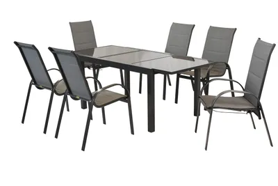 Produktbild von Merxx Gartenmöbel Set Amalfi 7tlg., 4 Stapelsessel, 2 Gasdrucksessel, 1 Ausziehtisch 140 (200) x 90 cm - Aluminium/Textil