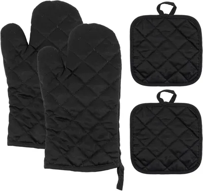 Produktbild von Set mit 4 Ofenhandschuhen und Topflappen aus hitzebeständiger Baumwolle – zum Kochen, Grillen und Backen