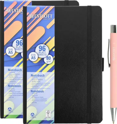 Produktbild von Westcott Notizbuch DIN A5 kariert (2er-Set) inkl. PRIMESOFT Premiumkugelschreiber | 2 x 192 Seiten im Hardcover | 80 g/m²Papier | Innentasche, Lesezeichen, Gummizug, Stifthalter | E-1744836 00