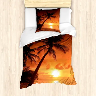 Produktbild von ABAKUHAUS Tropisch Mantele, Twilight-Kokosnuss-Palmen, Milbensicher Allergiker geeignet mit Kissenbezügen, 135 cm x 200 cm - 80 x 80 cm, Coral Orange Braun