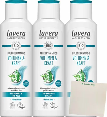 Produktbild von Lavera Pflegeshampoo Volumen & Kraft Bio Bambus & Bio Alge 3er Pack (3x250ml Flasche) + usy Block