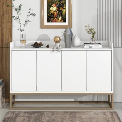 Zdjęcie produktu dla Kredens, komoda z regulowanymi półkami i złotą metalową ramą, komoda z 4 drzwiami, kredens, bufet, szerokość: 120 cm