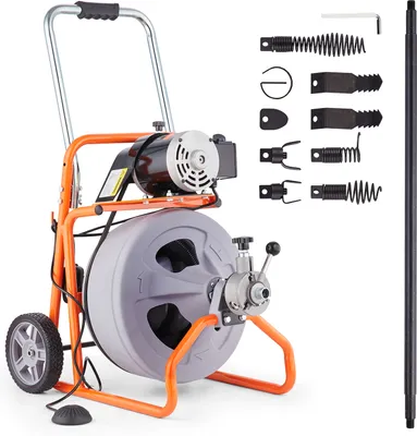 Zdjęcie produktu dla Maszyna do czyszczenia rur VEVOR 100 stóp x 1/2 cala, automatyczna spirala do czyszczenia rur na kółkach, przenośna maszyna do czyszczenia rur z 8 obcinakami i aktywowanym powietrzem przełącznikiem nożnym