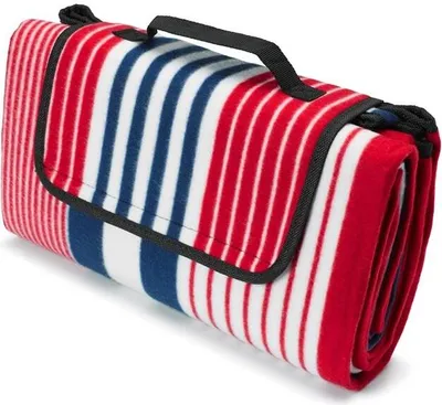 A rolled-up picnic blanket with red, white, and blue stripes.