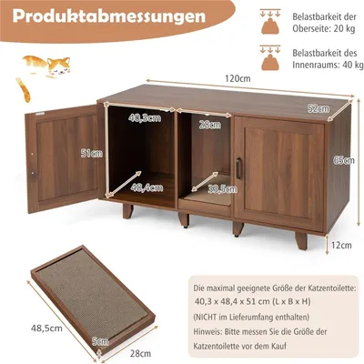 Image de Armoire pour litière pour chats - Meuble pour litière - Meuble pour chats - Armoire avec griffoir - Meuble pour chiens - 120x52x65 cm
