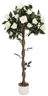 Produktbild von Rosen Kunstbaum - Topfpflanze - Realistische Blüten - 120 cm hoch stehend - Raumdekoration Wohnung und Büro - 1 Stück - Weiß