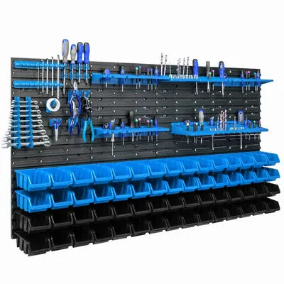 Obrázok produktu pre 60 stohovacích boxov nástenná polica plastová 154 x 78 cm držiak na náradie dielenský garážový skladovací systém otvorené úložné boxy žľab