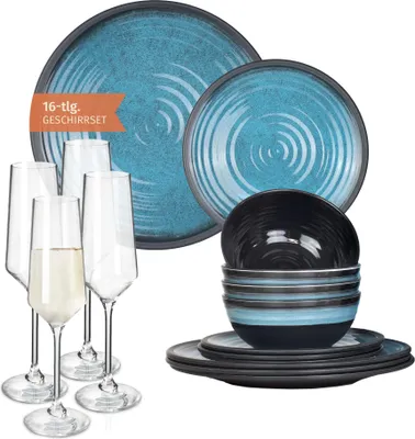 Produktbild von Melamin Camping Geschirr Set 4 Personen Stone Blue + 4 Milano Champgner Gläser Flûtes Tafelgeschirr Picknick BBQ Kochgeschirr